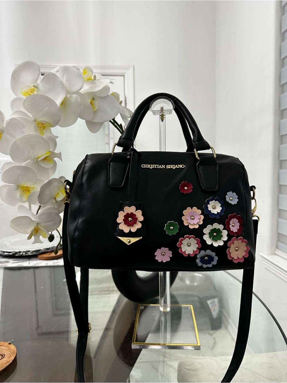 Christian Siriano Black Satchel with Multicolor Floral Appliqués